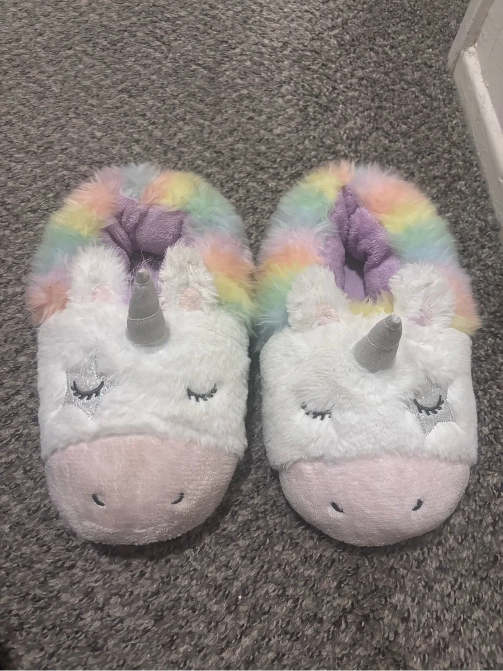 Girls Rainbow Unicorn Plush Slippers - Pastel